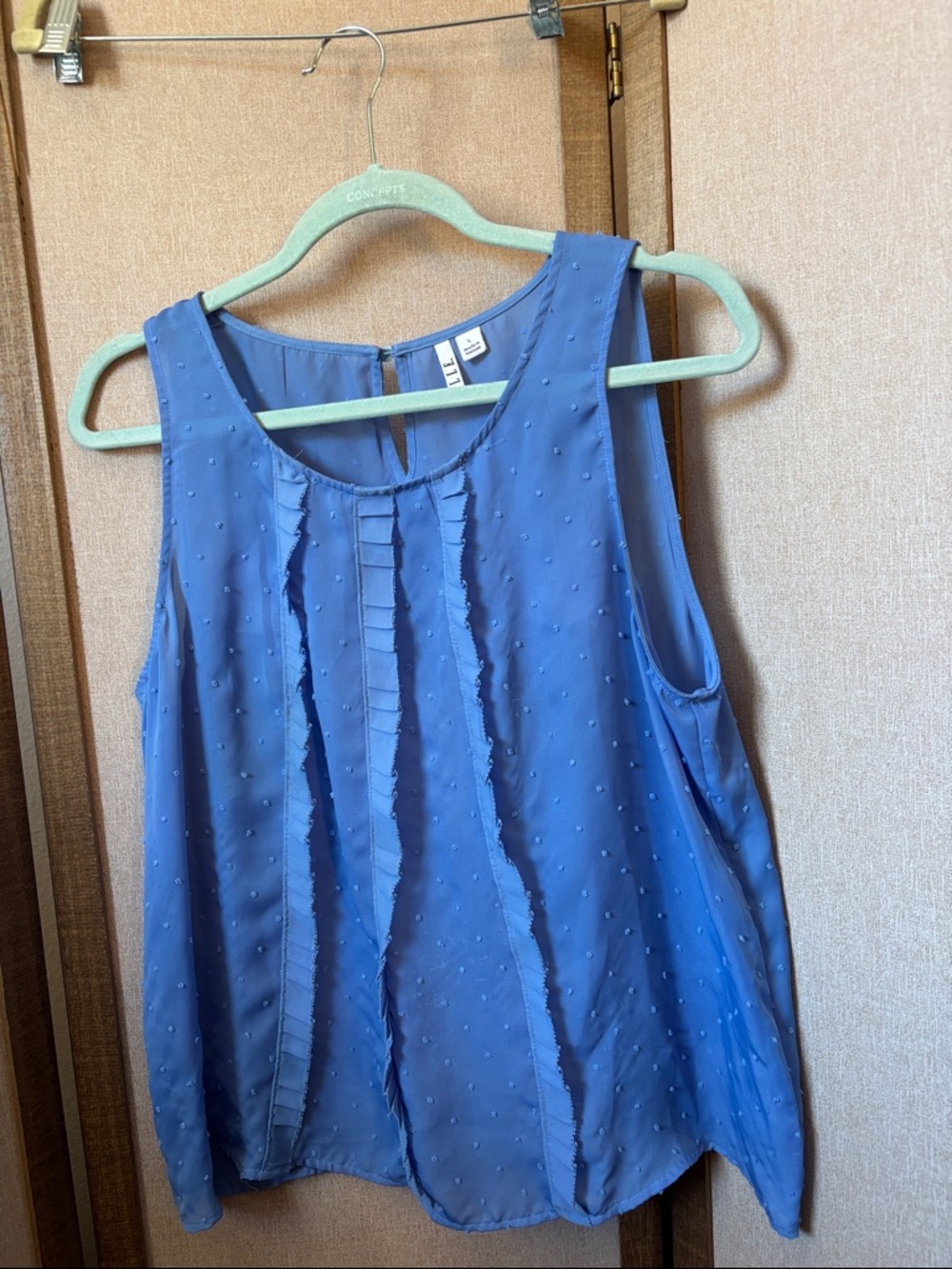 Elle Blue Sleeveless Ruffled Swiss Dot Top Large